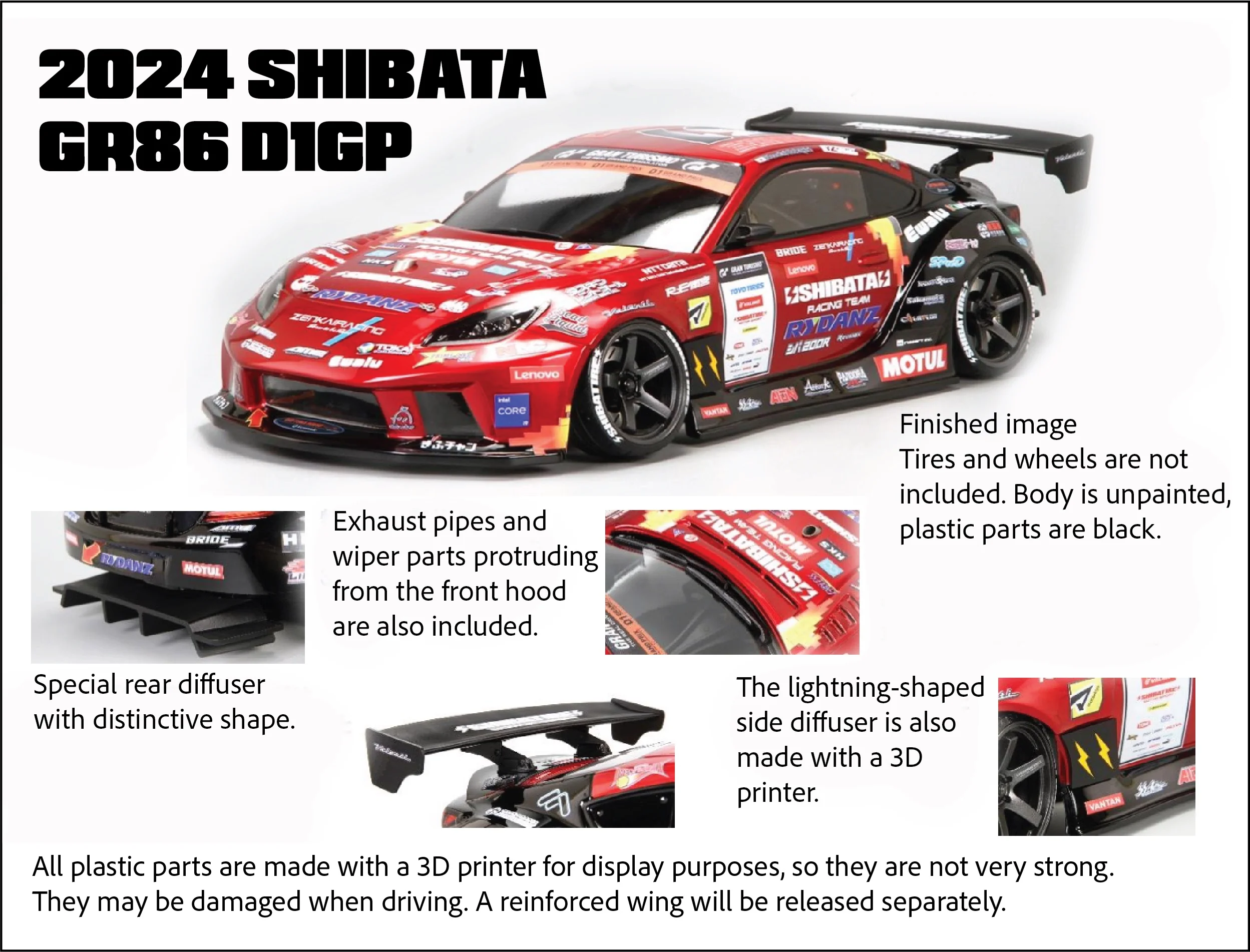 2024 SHIBATA TOYOTA GR86 w/ D1GP LIVERY 1-10 RC Drift Body [Shibata] DR-SHRT86 - Image 2