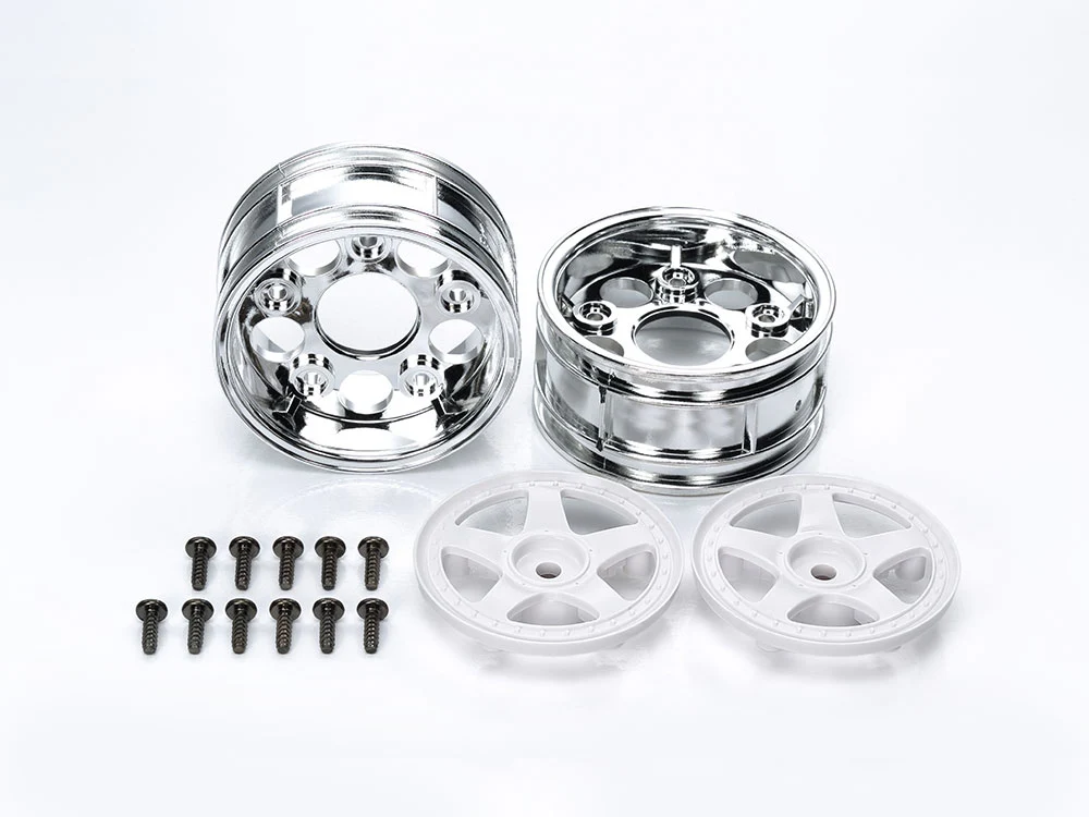 5 Spoke White / Chrome Lip 2-PIECE (1 pair) Adjustable Offset [Tamiya] 50672