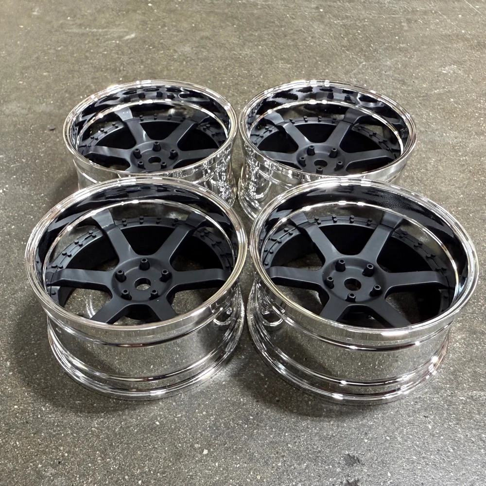 6 Spoke (Matte Black / Chrome Lip) Adjustable Offset Rims (4-Pack) 1-10 TE37 HRE 546 Style Wheels [MST] 832107FBK - Image 2