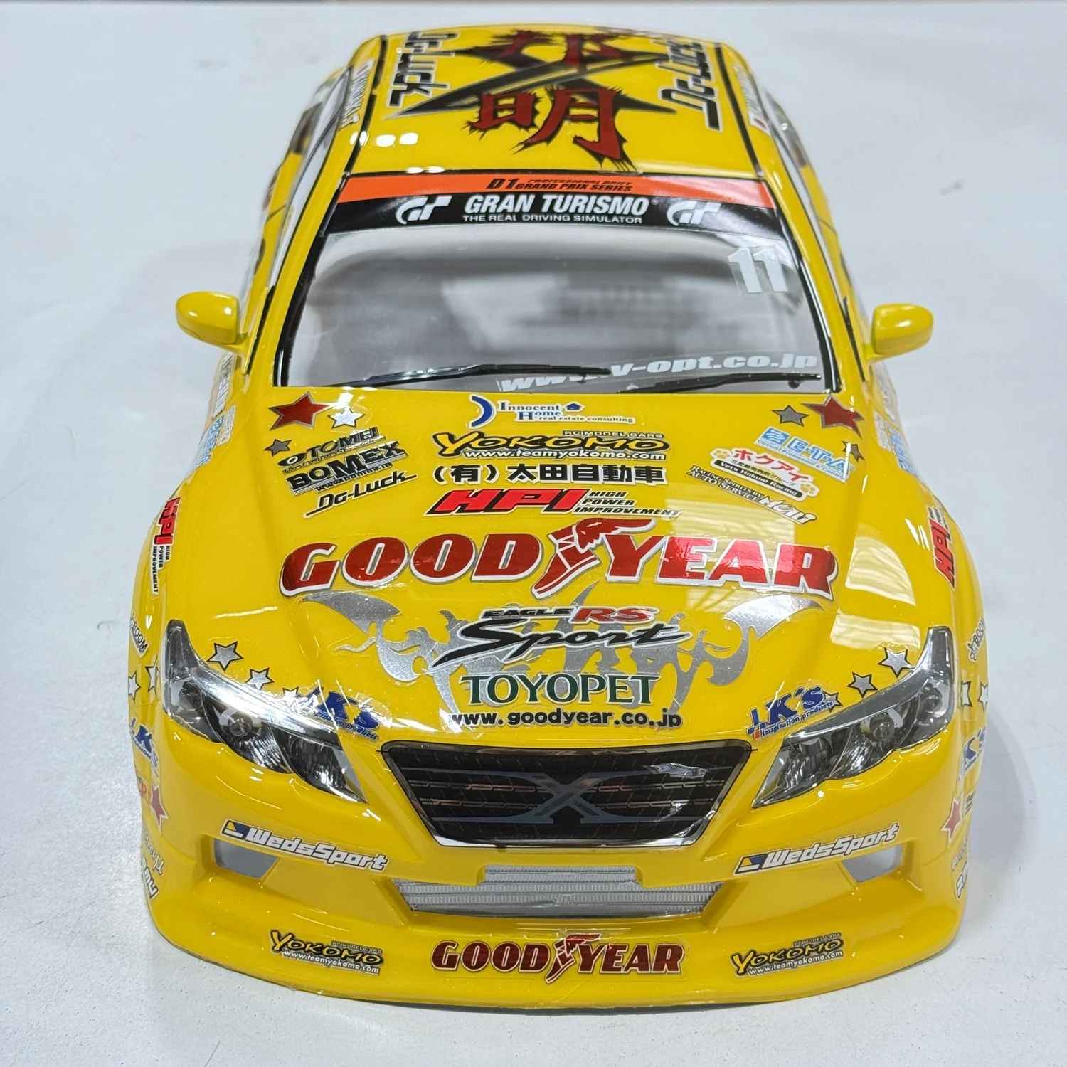 PAINTED Toyota Mark X GRX130 GOODYEAR D1GP Spec w/ Mirror, Exhaust and Light Buckets Set 1-10 Body Set *Discontinued NOS* [Yokomo] SD-MKXB - Image 3