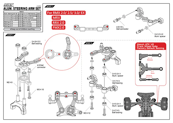 RMX RRX FMX MRX Aluminum Steering Racing Assembly (RED) [MST] 210700R - Image 4