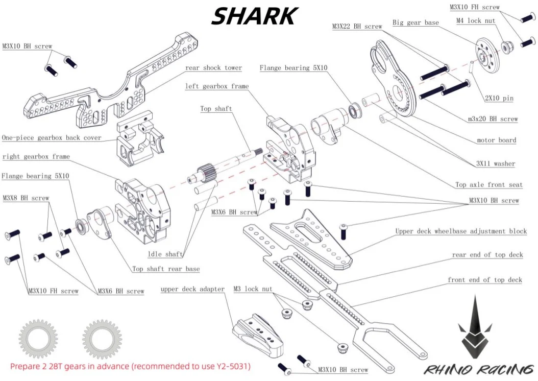SHARK Transmission Gear Box (With Upper Deck And Shock Tower) - BLUE SILVER RED PURPLE BLACK - YD-2 RD SD RMX RDX [RHINO RACING] RR-820 - Image 3