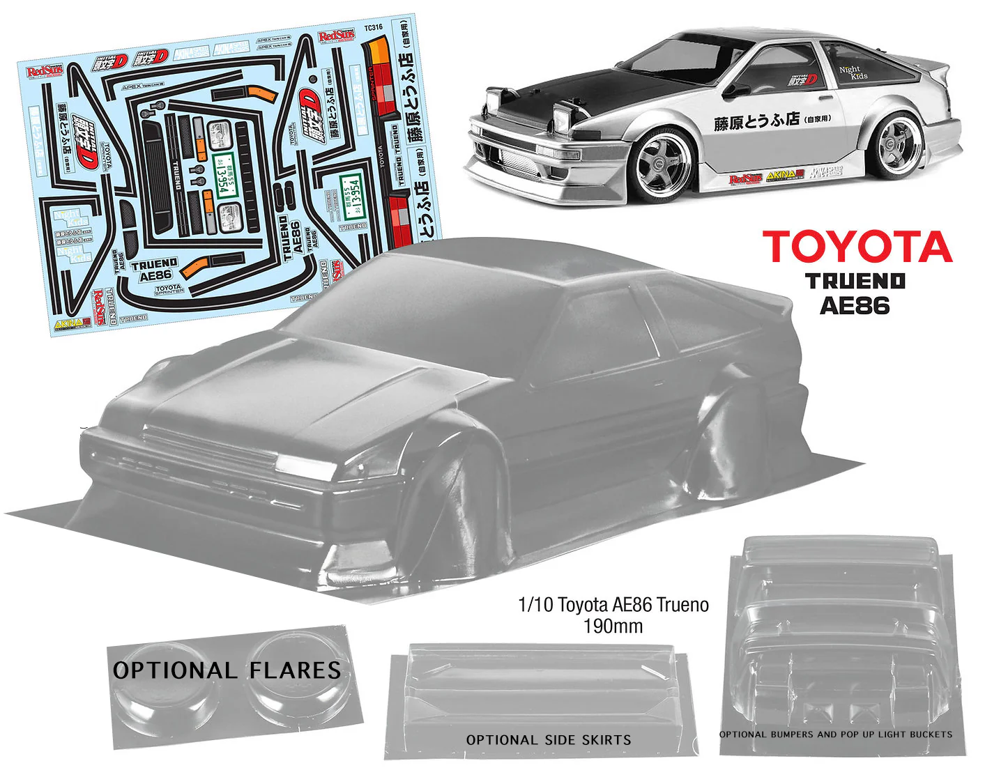 Toyota AE86 Corolla GTS TRUENO w- FLARES AND BODYKIT OPTION COMBO (INITIAL-D) 3DR HATCHBACK DRIFT 1-10 Body Shell [Quality RC] QRC-316 - Image 2